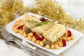 cod fish with chick-pea, olives and red pepper