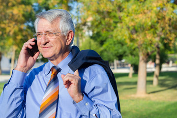 Businessman talking by phone in park