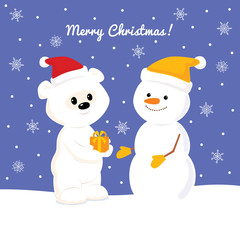 Christmas card with baby polar bear and snowman