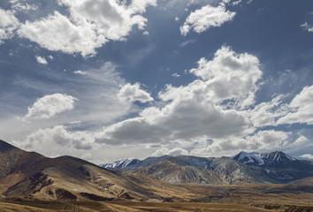Beautiful view to dry Ladakh mountains with snow and clouds