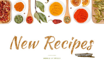 new recipes, spices and herbs on white background