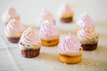 Pink cupcakes at white table  in high light style.