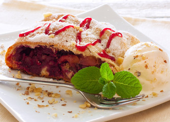 Strudel with apples and cherries