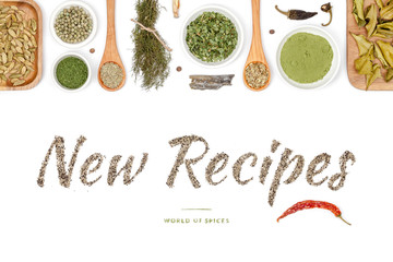 new recipes, spices and herbs on white background