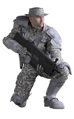 Futuristic Marine Ranger in Urban Camouflage, Crouching