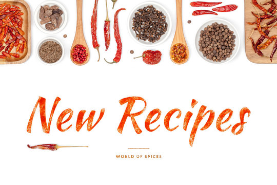 New Recipes, Spices And Herbs On White Background