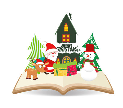 merry christmas santa claus and snowman on book