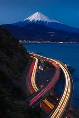 Fotobehang Night view of Mountain Fuji and Expressway, Shizuoka, Japan © jiratto
