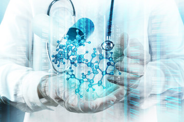 Double exposure of scientist doctor hand holds virtual molecular