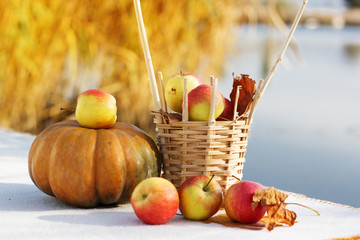 Pumpkin and basket with apples on table