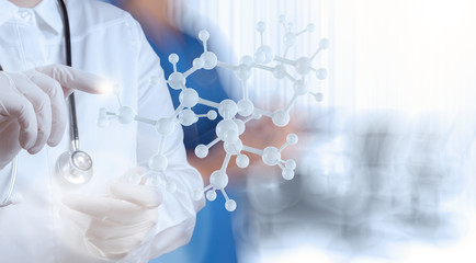 scientist doctor hand holds virtual molecular structure in the l