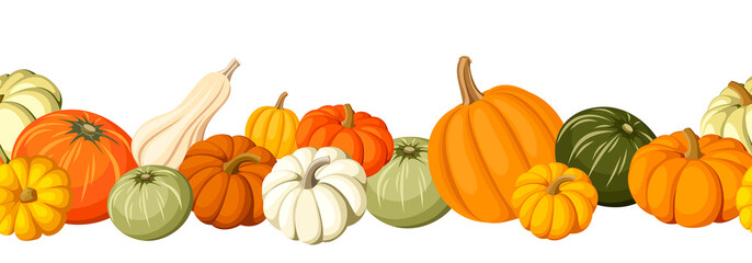 Fototapeta premium Horizontal seamless background with colorful pumpkins. Vector.