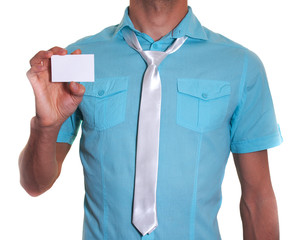 Man's hand showing business card