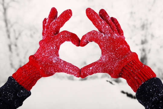 Woman's Hands In Red Gloves On Winter Natural Background