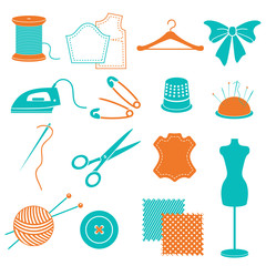 vector set of sewing equipment and stuff - obrazy, fototapety, plakaty