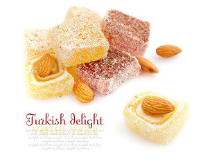 Tasty Turkish delight with almond isolated on white background