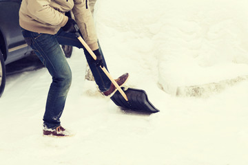 closeup of man shoveling snow from driveway