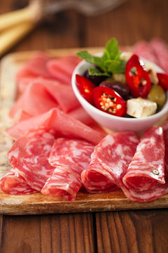 antipasti Platter of Cured Meat,   jamon, olives, sausage, salam