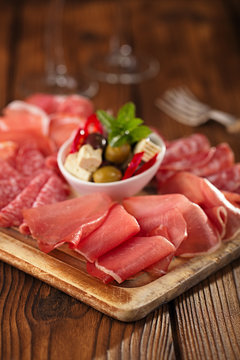 antipasti Platter of Cured Meat,   jamon, olives, sausage, salam