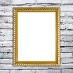 golden frame on brick stone wall background