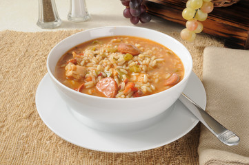 A bowl of sausage and chicken gumbo