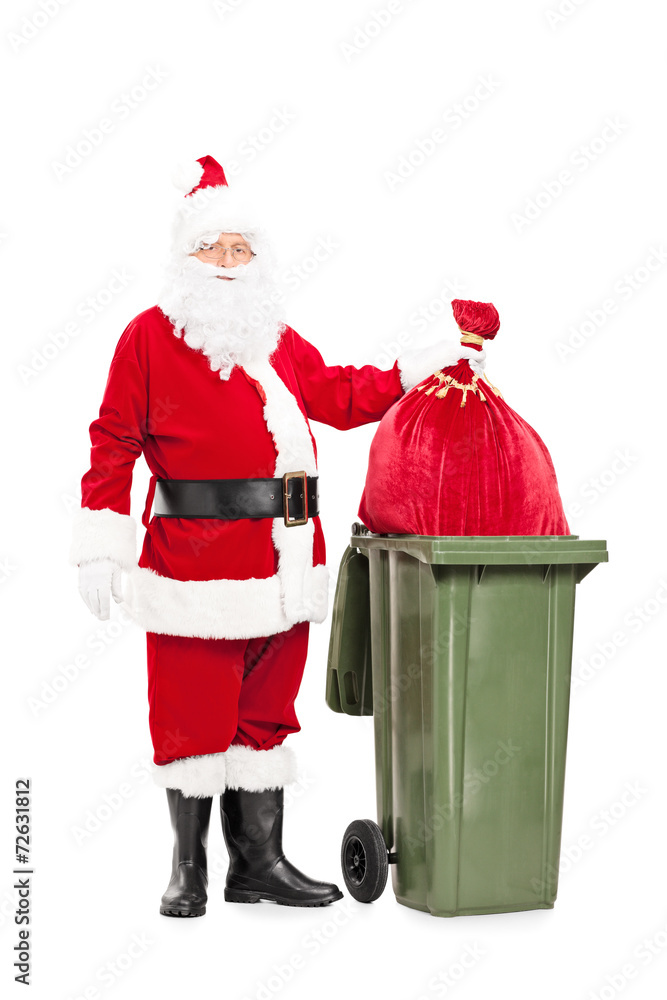 Sticker Santa Claus throwing away his bag of presents