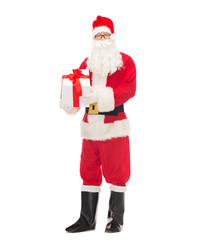 man in costume of santa claus with gift box