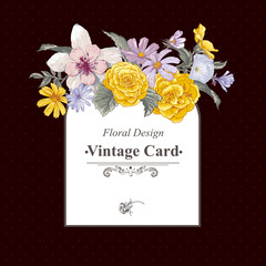 Vintage floral bouquet, botanical greeting card