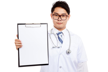 Asian male doctor with clipboard