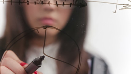 Woman writes mathematical calculations on the board - Powered by Adobe