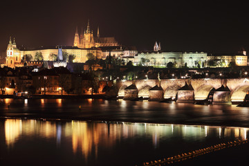 Night Prague gothic Castle with Charles Bridge, Czech Republic