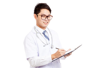 Asian male doctor write  on clipboard