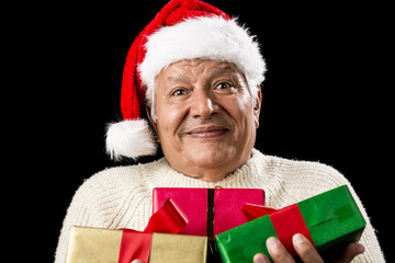 Puzzled Old Gentleman Carrying Three Wrapped Gifts