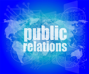 social concept: public relations words on digital screen, 3d