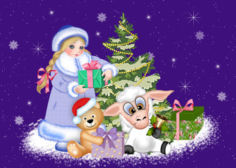 снегурочка, мишка и овечка у новогодней елки с подарками