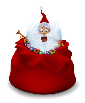 Santa Claus sits in a bag with gifts