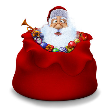 Santa Claus sits in a sack with gifts