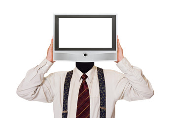 Man with tv screen for head