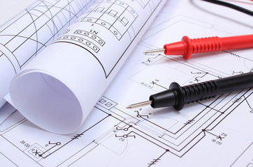 Diagrams and cables of multimeter on drawing of house
