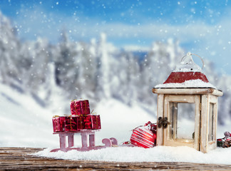 Winter snowy scenery with lantern