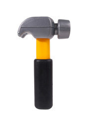 Martillo de plástico sobre fondo un blanco aislado. Vista de frente y de cerca. Copy space