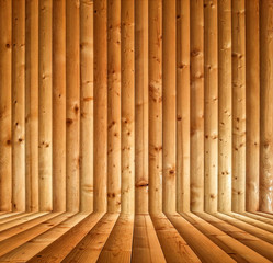 Abstract interior with orange parquet wooden floor