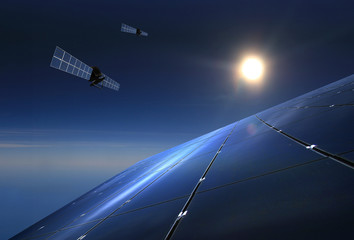 Solarzellen mit Satelliten im Hintergrund
