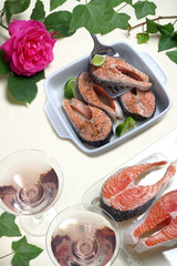 Salmon baked with white wine - obrazy, fototapety, plakaty