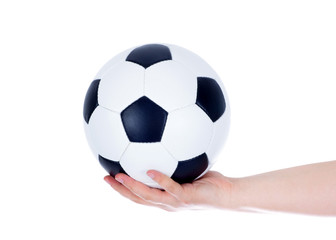 Hand holding soccer ball