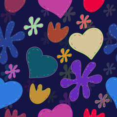 Seamless pattern of colorful hearts and flowers