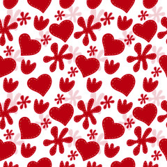 Seamless repeating pattern of red hearts and flowers