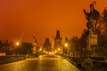 Charles Bridge in Prague (Czech Republic) at night lighting