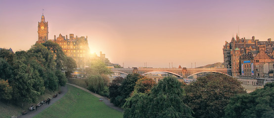 Panoramic view of Edinburgh, Scotland, UK with the setting sun - Powered by Adobe