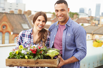 Couple Holding Box Of Plants On Rooftop Garden